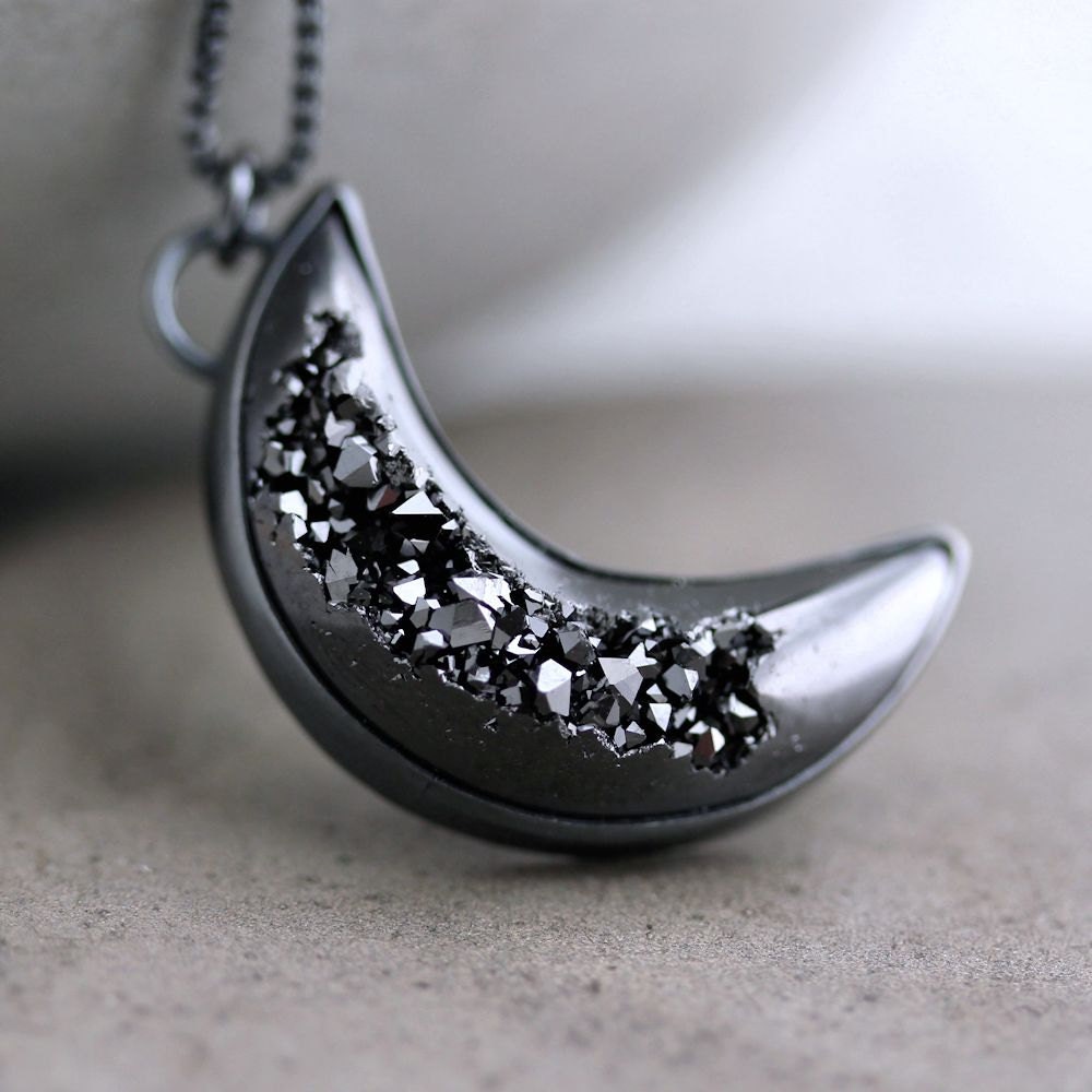 Black Druzy Necklace, Night Sky Coal Black Crescent Moon Oxidized Sterling Silver Necklace Space Galaxy - Bad Moon Rising - Made to Order - TheSlyFox