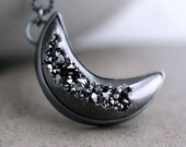 Black Druzy Necklace, Night Sky Coal Black Crescent Moon Oxidized Sterling Silver Necklace Space Galaxy - Bad Moon Rising - Made to Order - TheSlyFox