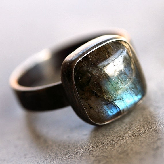 Labradorite Ring, Blue Flash Labradorite Oxidized Recycled Argentium Sterling Silver Ring - Size 9 is Ready to Ship - Eye Of The Storm