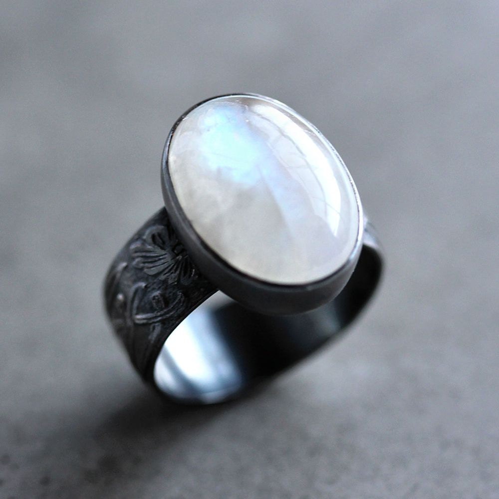 Moonstone Ring, Snow White Rainbow Moonstone Wide Band Oxidized Sterling Silver Ring Moonstone Jewelry  - Magick - Size 7