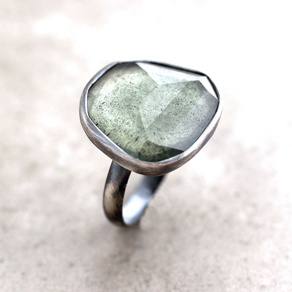 Moss Aquamarine Ring, Watery Sage Green Faceted Stone Oxidized Sterling Silver Ring March Birthstone Aquamarine Jewelry - Size 7 - Siren
