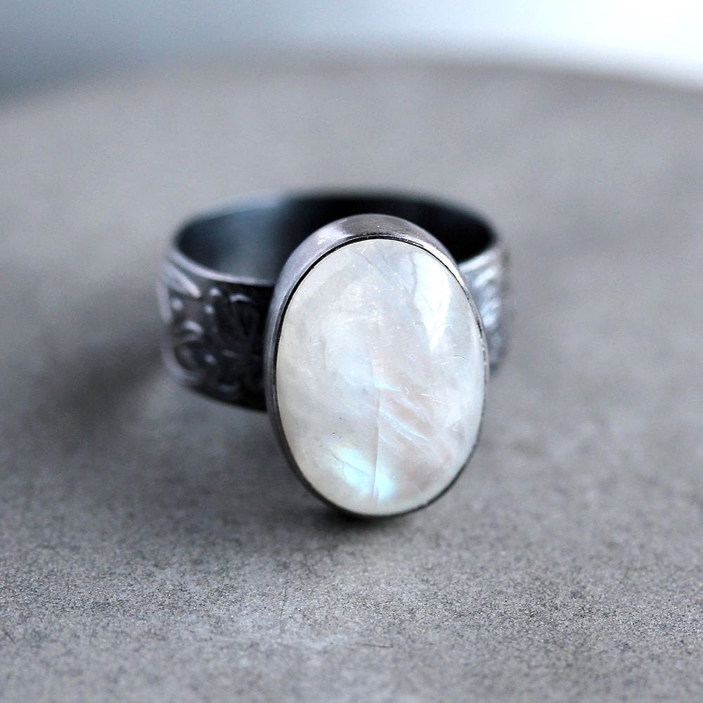Moonstone Ring, Snow White Rainbow Moonstone Wide Band Oxidized Sterling Silver Ring Moonstone Jewelry  - Magick - Size 7