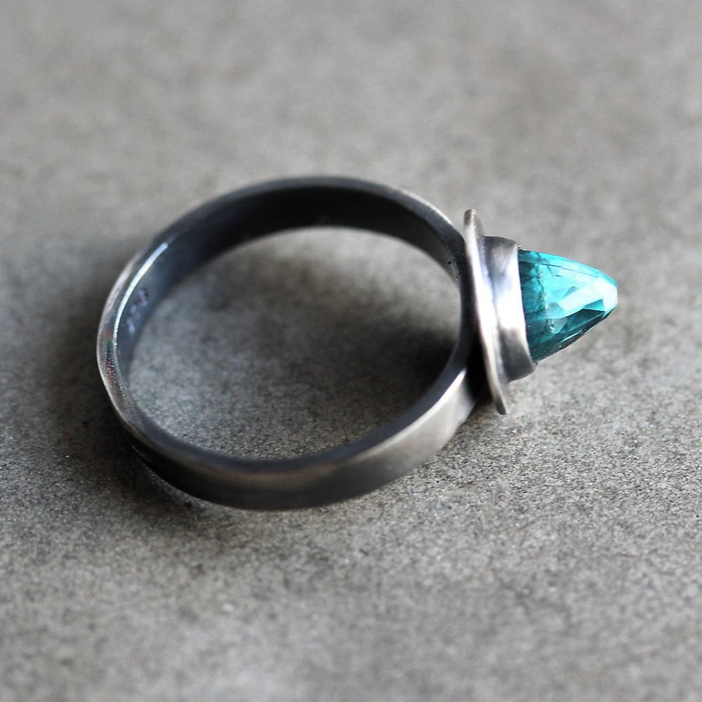 Green Topaz Bullet Ring, Faceted Teal Blue Green Stone Oxidized Sterling Silver Ring Metalsmithed Topaz Jewelry - Size 6