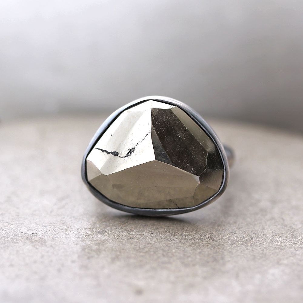 Pyrite Ring, Metallic Golden Rose Cut Pyrite Oxidized Sterling Silver Ring Geometric Modern Fool's Gold Pyrite Jewelry - Size 8
