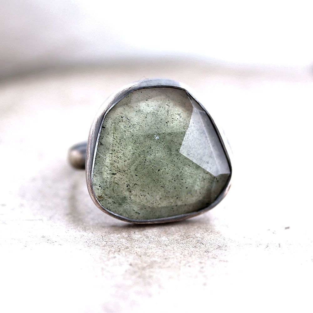 Moss Aquamarine Ring, Watery Sage Green Faceted Stone Oxidized Sterling Silver Ring March Birthstone Aquamarine Jewelry - Size 7 - Siren