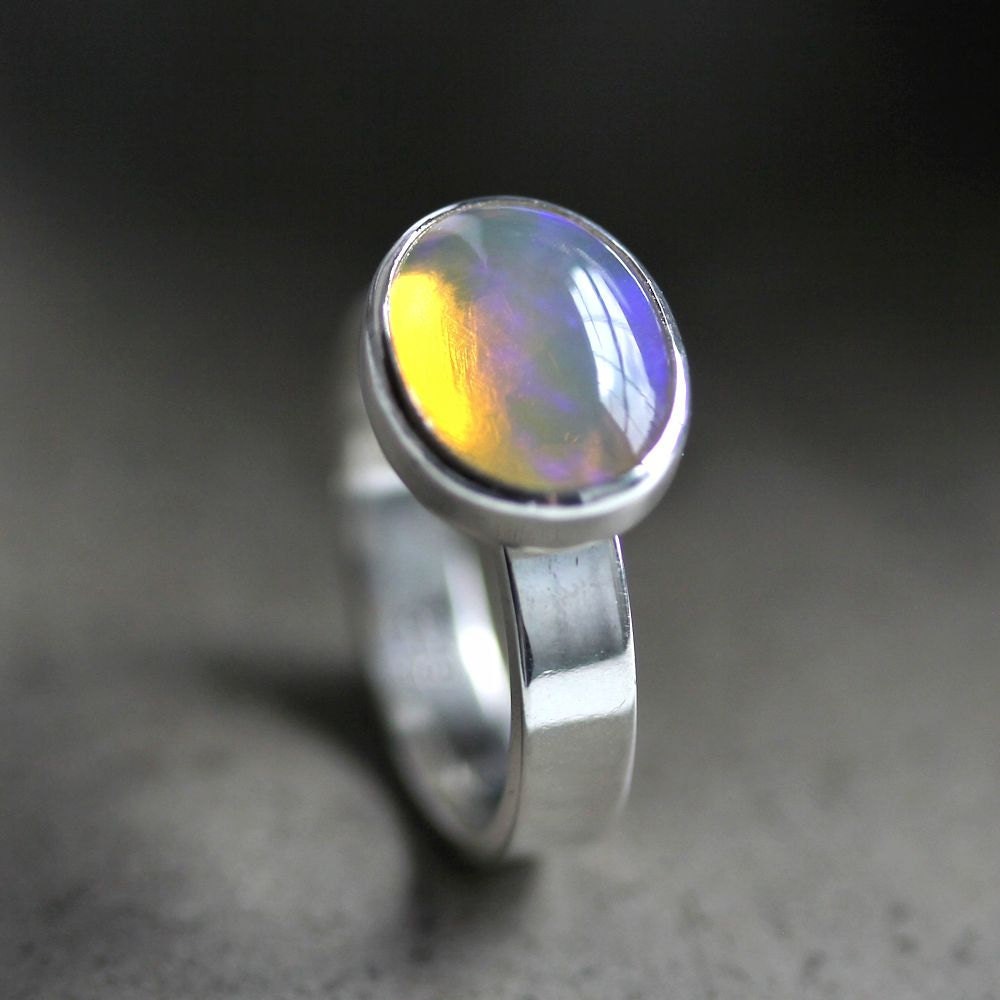 Opal Ring, Ethiopian Welo Opal Iridescent Sterling Silver Ring October Birthstone Opal Jewelry - Opalescent - Size 7