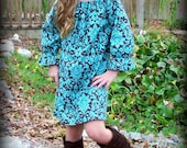 Custom Boutique Clothing Girls Dress Brown and Blue Damask Holiday or Special Occasion Peasant Dress, Size 3-mos-8yr