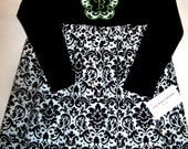Custom Boutique Clothing Girls Dress Black & White Damask Empire Holiday Dress with Initial Outlined in Green Size 12mos to 6yr