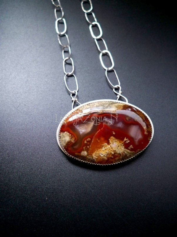 Sterling silver red agate oval necklace - pendant - handcut cabochon - OOAK - Gemstone jewelery by Lamazonian