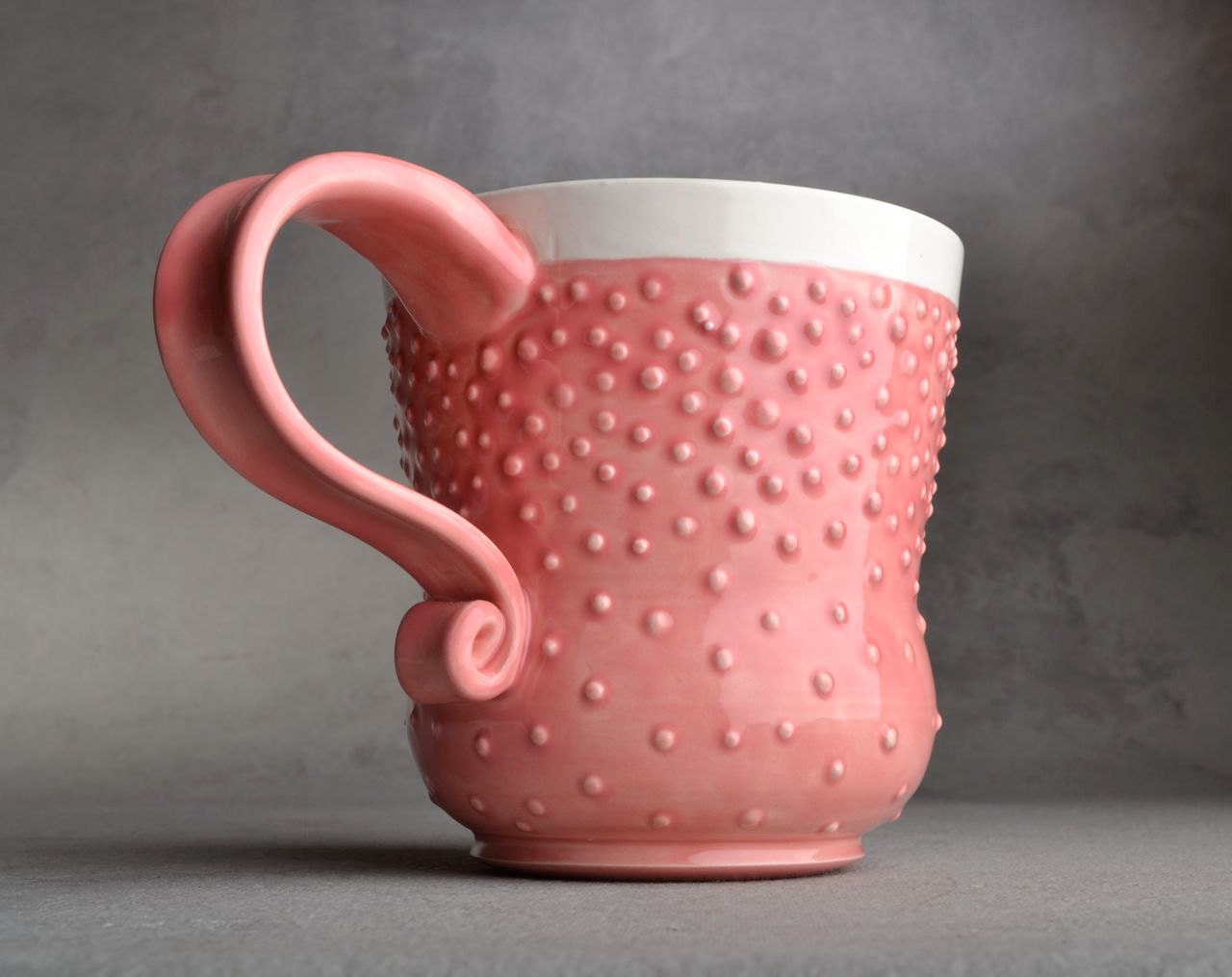 Curvy Dottie Mug Made To Order Pink And White Dottie Mug by Symmetrical Pottery - symmetricalpottery
