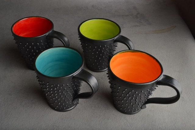 Spiky Coffee Mug: Made To Order Black and Orange Dangerously Spiky Coffee Mug by Symmetrical Pottery