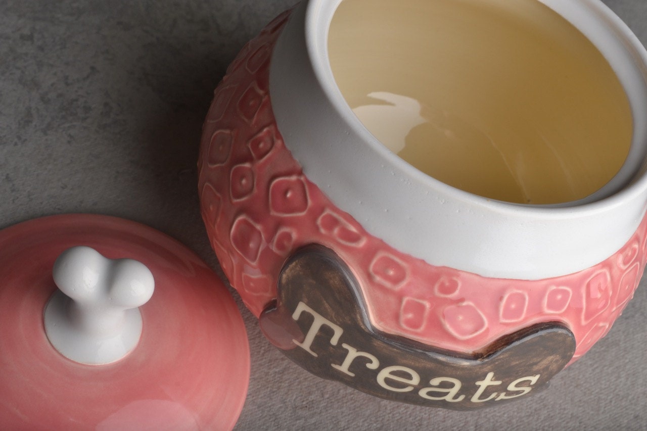 Dog Treat Jar Made To Order "Treats" Pink Squares Treat Jar by Symmetrical Pottery
