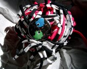 57 yds. Black Pink Berry White Grey Stripe Blend RipTie  - Handmade Upcycled Recycled Fabric Yarn Blend by RipTieKnits
