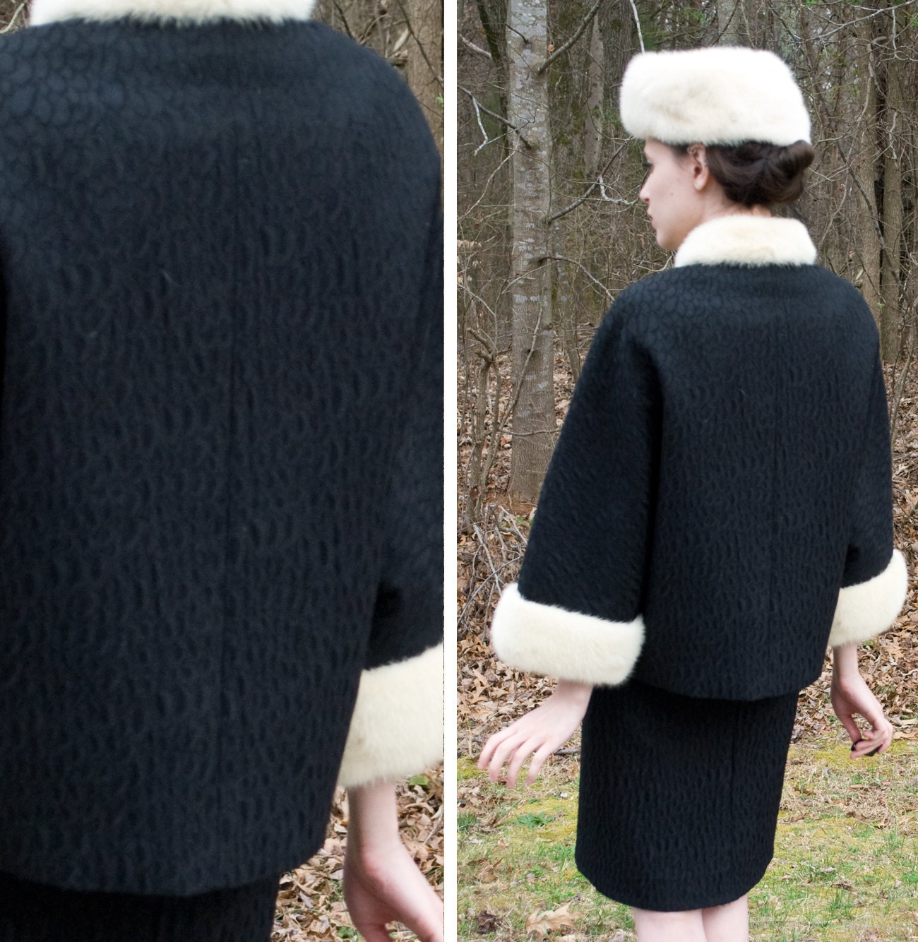 R E S E R V E D   DEAL of the day - 50s - Russian Minx - black dolman sleeve coat pencil skirt with white mink trim - size s