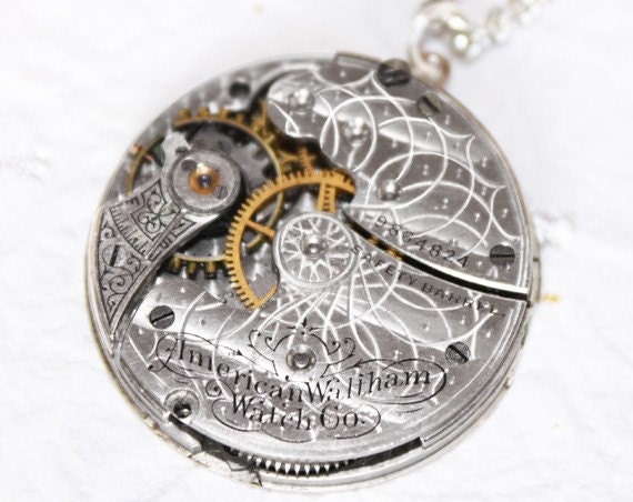 Steampunk Necklace: High End Spectacular Lotus GUILLOCHE ETCHED WALTHAM Antique Pocket Watch Movement Men Steampunk Necklace Wedding Gift