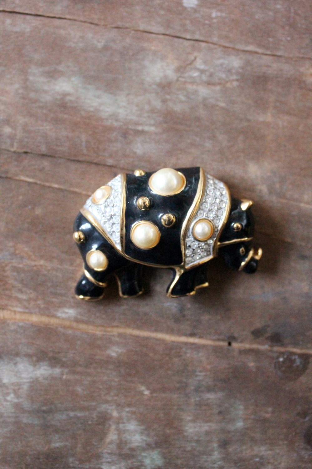 Vintage 80's signed KJL black Enamel, Pearl, and Rhinestone Rhino Brooch