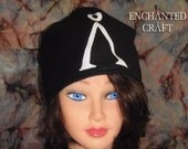Fleece black Stargate beanie hat with sewn white earth glyph symbol