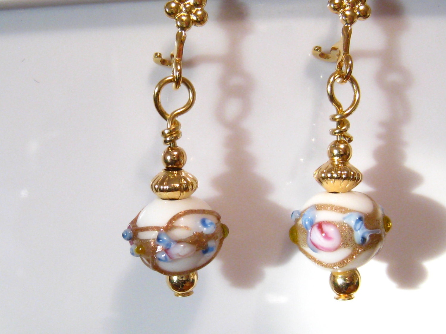 White Lampwork Glass Earrings: Romantic Faberge Like Lampwork Bead Earrings Gold Pink Blue Flower Victorian Bridal Wedding Bridesmaids Gift