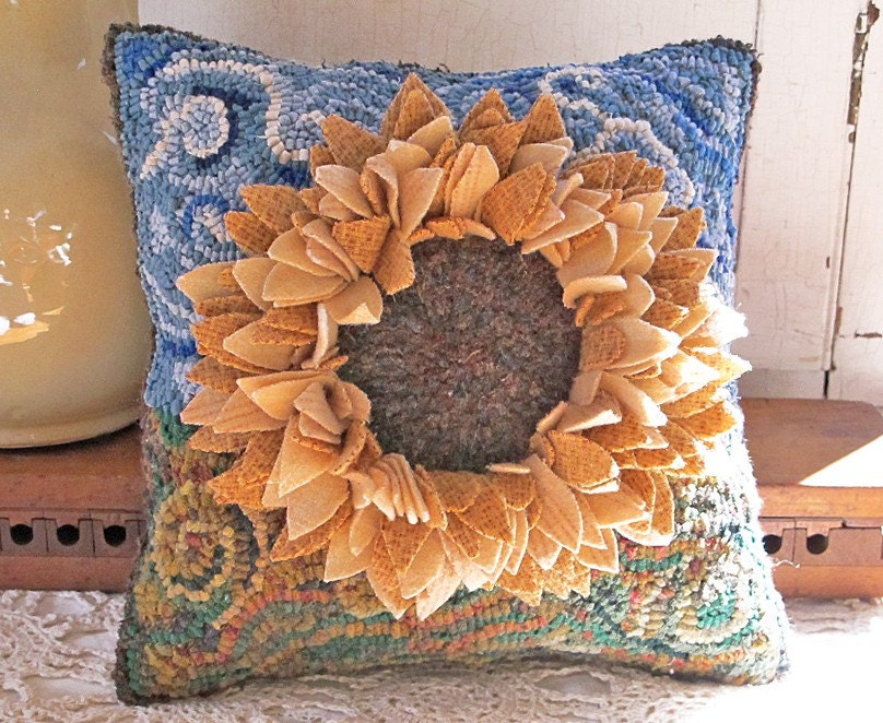 Sunflower Hooked Pillow Primitive, Personalized for You