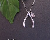 Wishbone Necklace, Personalized Initial Necklace, Hand Stamped Initial Leaf Charm, Dainty Silver Necklace, Sister Necklace, lucky charm