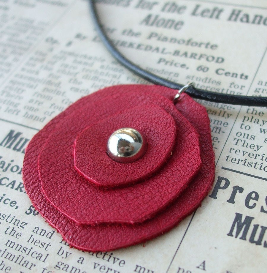 Red Leather poppy - pretty flower necklace in crimson red with black cord. Made to order.