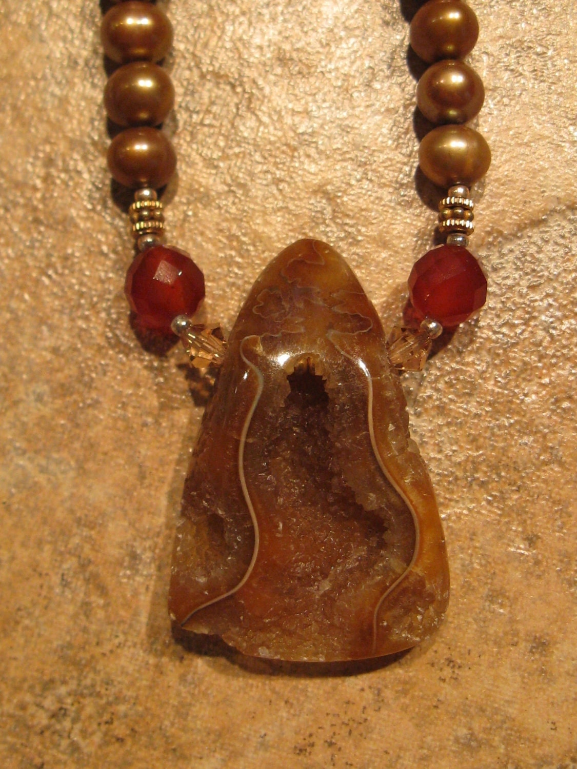 Beaded Necklace with Fossil Pendant