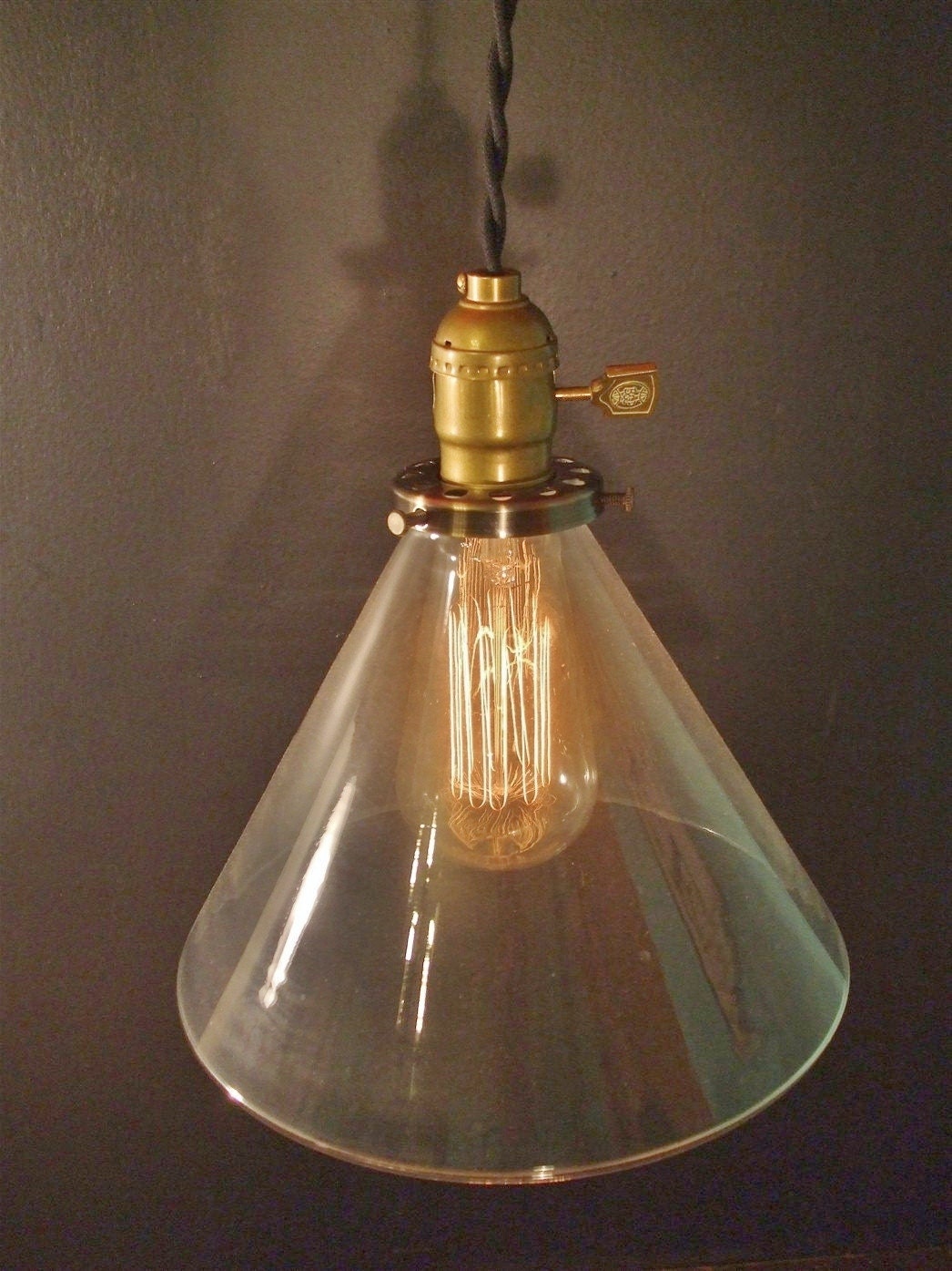 Vintage Industrial Hanging Light with Glass Cone Shade - Machine Age Minimalist Bare Bulb Pendant Lamp