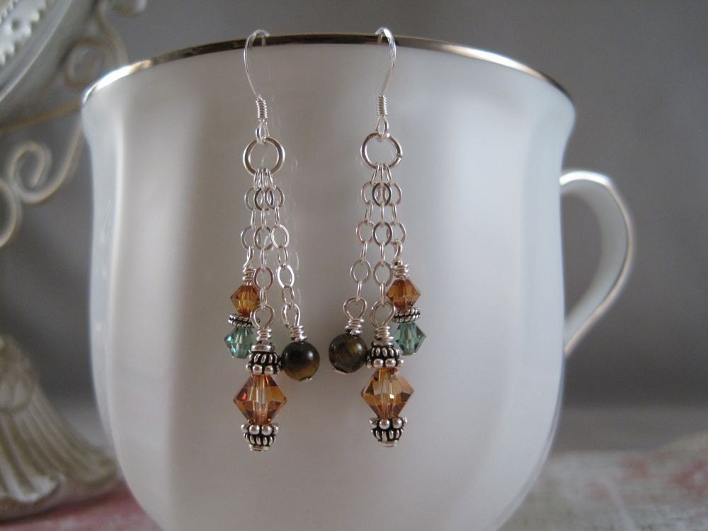 Swarovski Crystal and Sterling Silver Chain Earrings, Chain and Crystal Earrings, Copper and Green Crystal Earrings