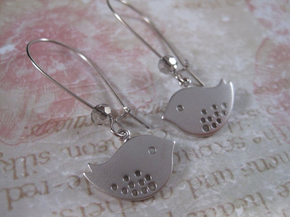Bird Earrings, Sparrow Earrings, Twitter Bird Earrings, Modern Silver Bird Earrings, Sweet Silver Lovebirds and Crystals on Kidney Ear Wires