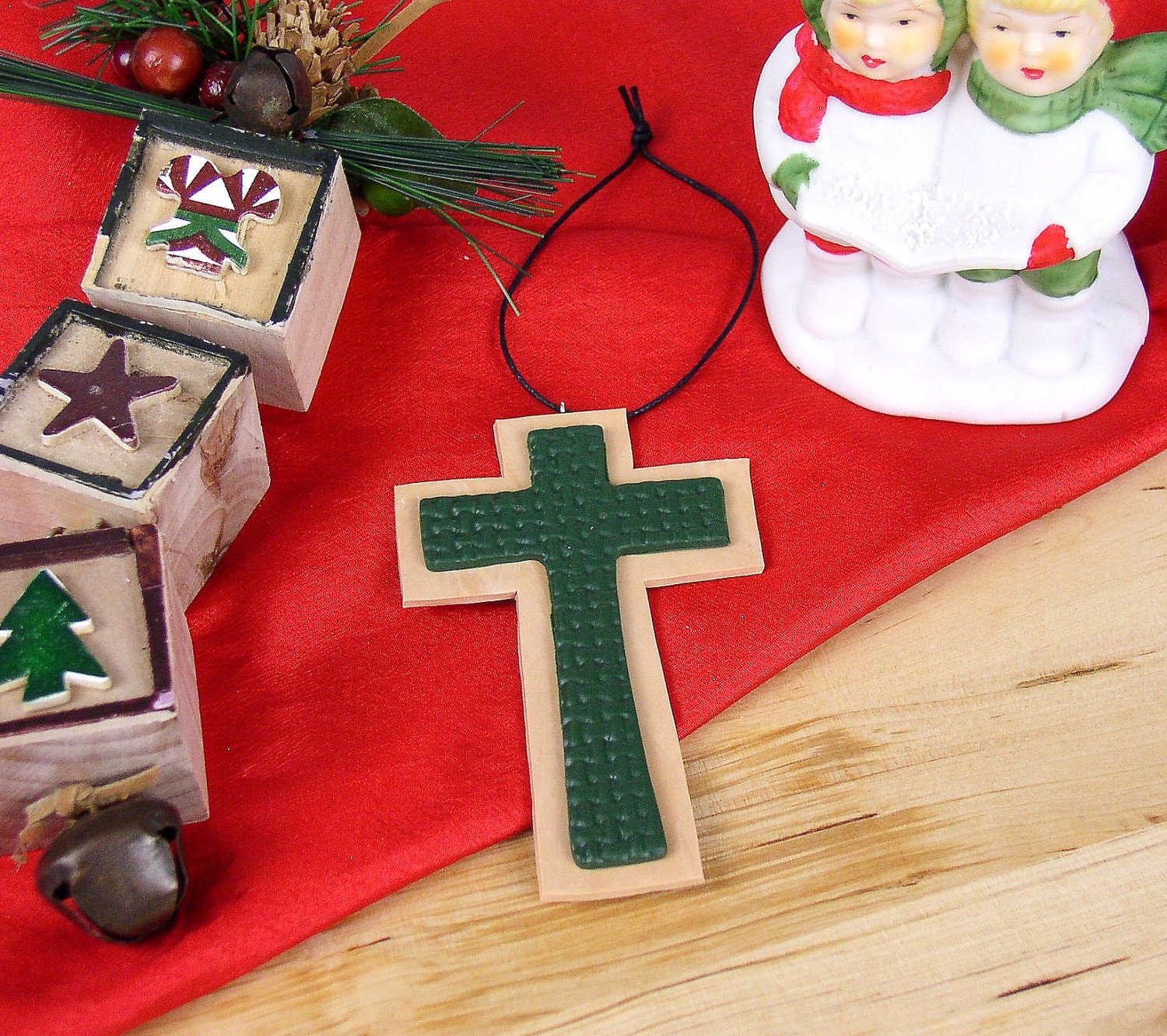 Textured Cross Ornament - Green & Gold Cross Christmas Ornament