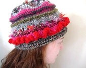 Handmade Women's Knit Hat in grays and reds OOAK - Teen Hat - Back to school
