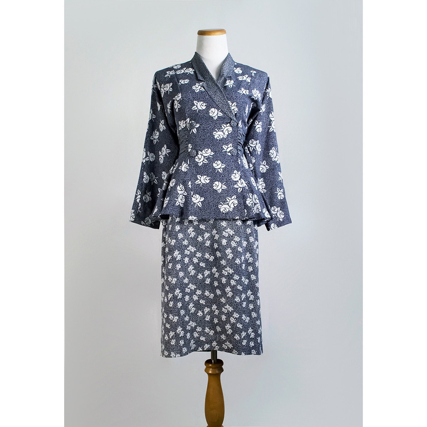 1940s Style Secretary Dress / 1980s Blue Floral Ruffled Dress / Small to Medium