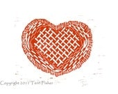 Red Heart Print, Linocut, Valentines Day, Basket Linoleum Block Print, Love, Friendship, Wall Decor