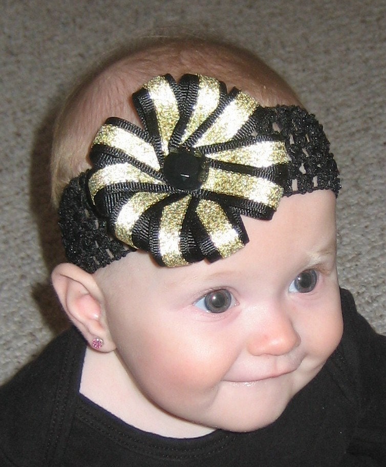Black and Gold UCF Central Florida Knights Double Layer Ribbon Flower Bow Clip with Interchangeable Headband