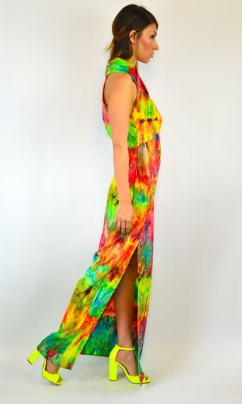 reserved--neon OMBRE tie dye BOHO high slit goddess MAXI dress, extra small - medium