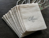 Merci favor bags, muslin, 3x5. Set of 10.   Merci script in black on natural white cotton bag.