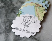 Atlas favor tags, 25,  with hand-stamped hot air ballon, made from vintage atlas pages.  Bridal shower, engagement, anniversary.