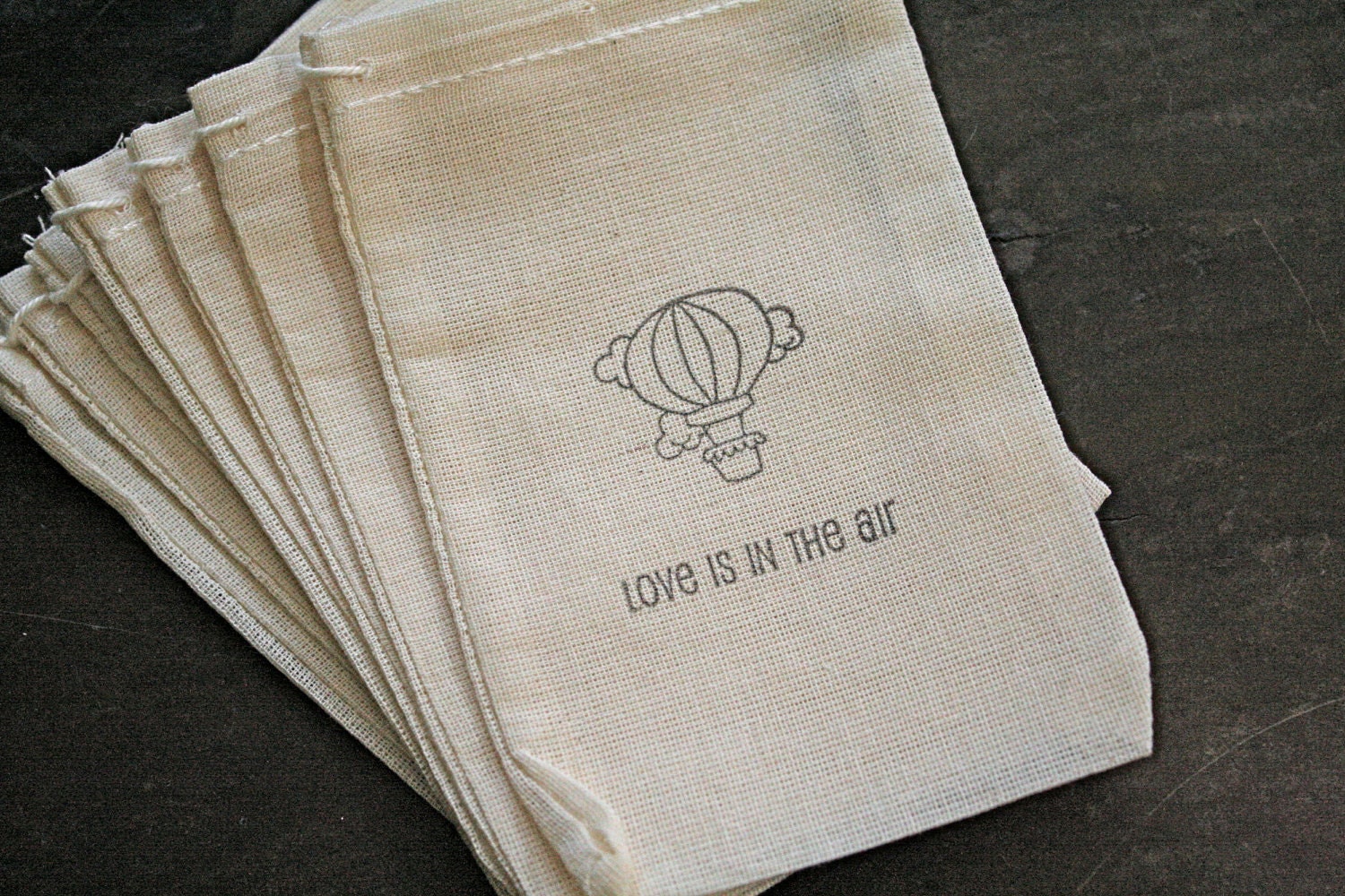 Favor bags, muslin, 3x5. Set of 50.  Hot air balloon with Love is In The Air script.  Shower, engagement, wedding.