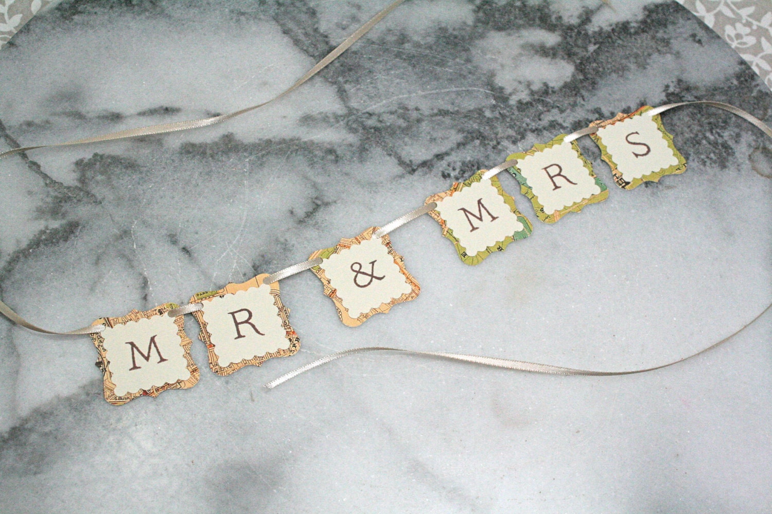 Wedding cake banner, mini bunting.  Mr and Mrs banner with vintage London street map background.  Ivory satin ribbon.