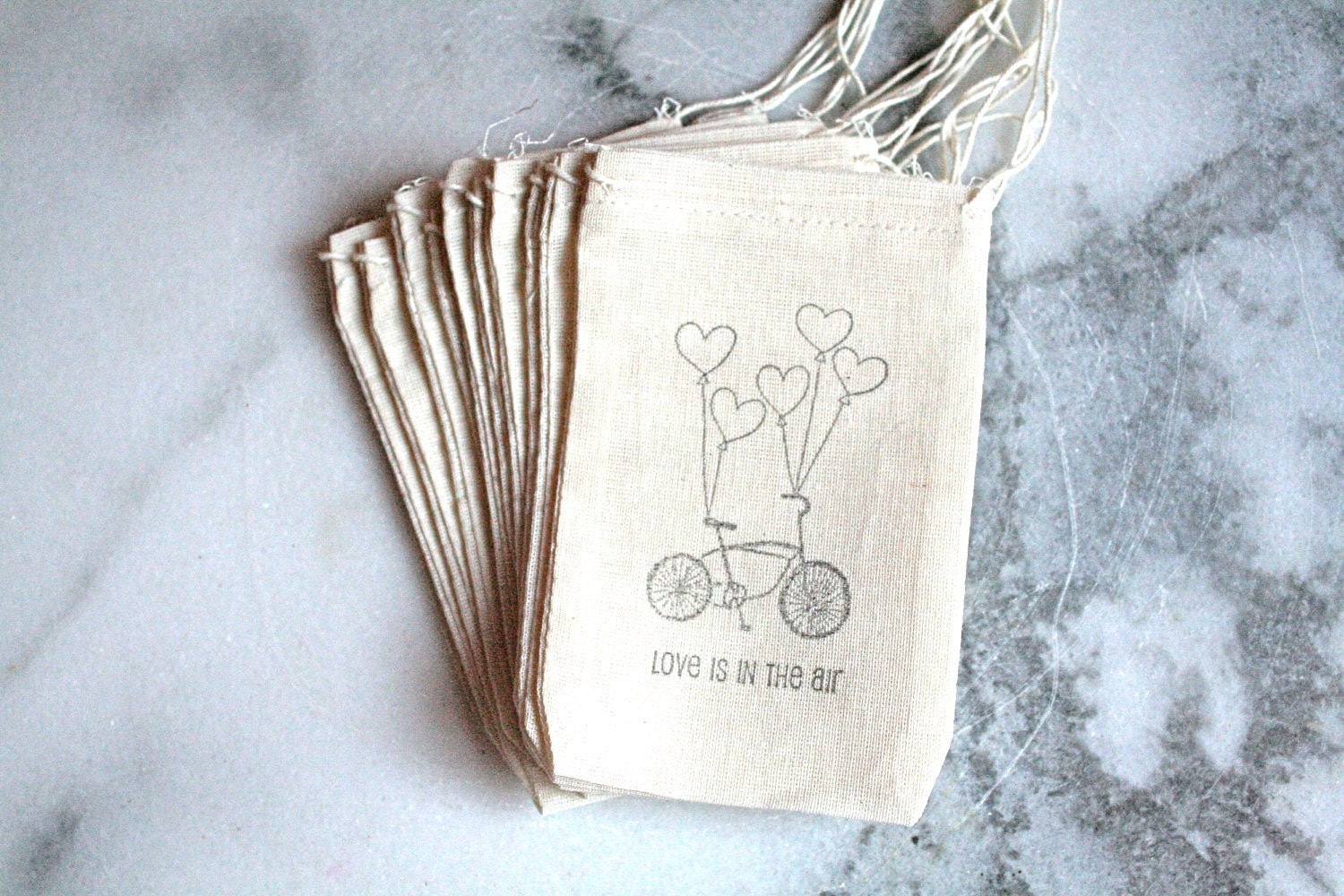 Favor bags, muslin, 3x5. Set of 50.  Bike with balloons Love is In the Air.  Bridal shower, engagement, wedding favors.