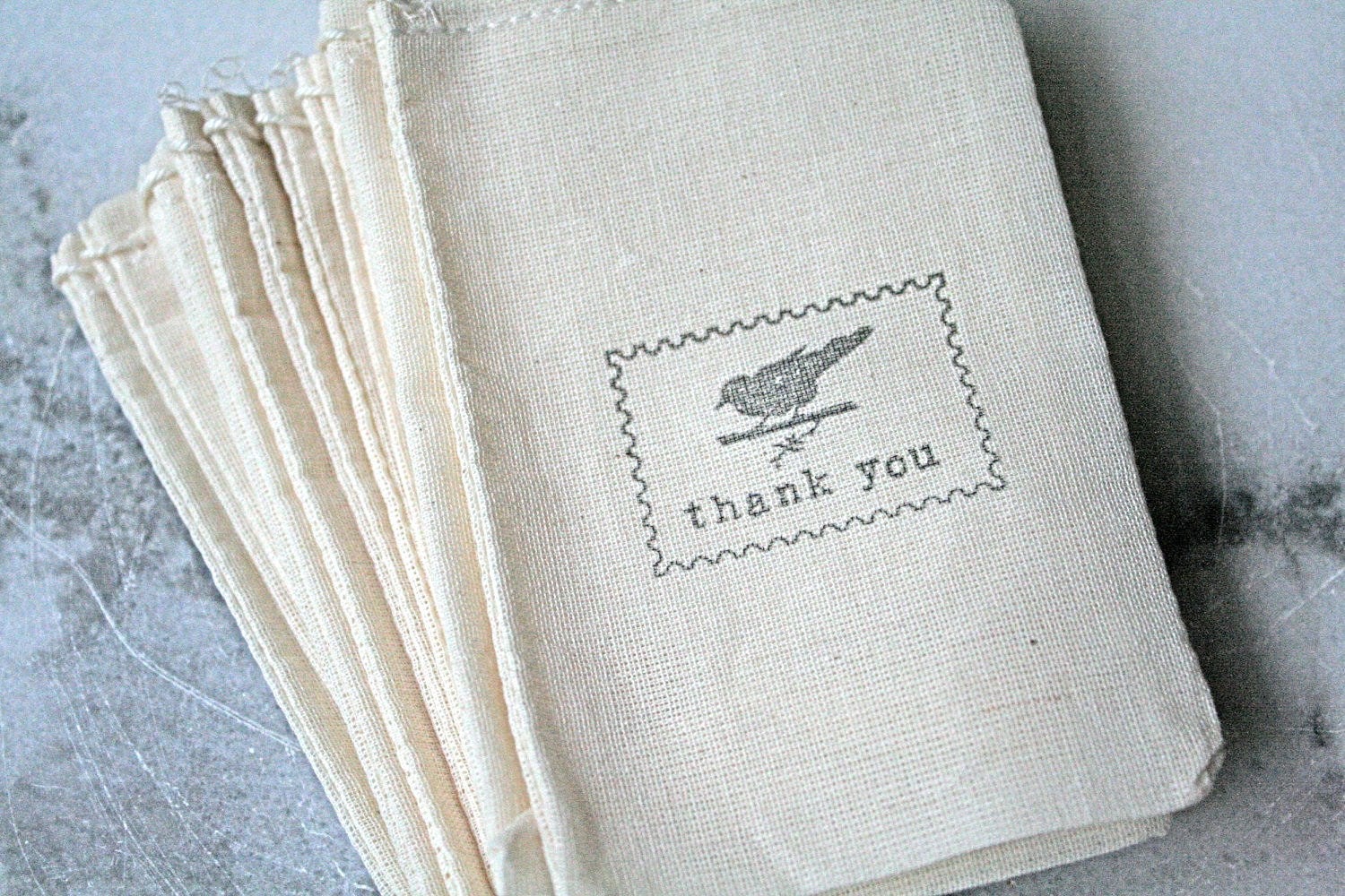 Muslin favor bags, muslin, 3x5. Set of 50.  Postage stamp style bird and Thank You in black on natural white cotton.
