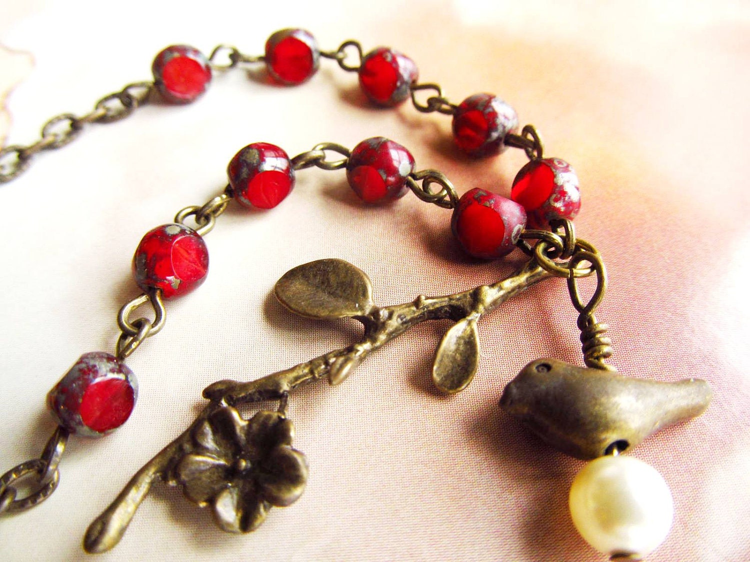 Mother's Day Gift - Red Rosary Necklace, Vintage Inspired, Twig,Bird and Pearl FREE SHIPPING