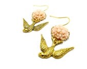 Brass Bird with light pink resin flower  Earrings, adorable and pretty, great gift, , feminine pretty FREE SHIPPING