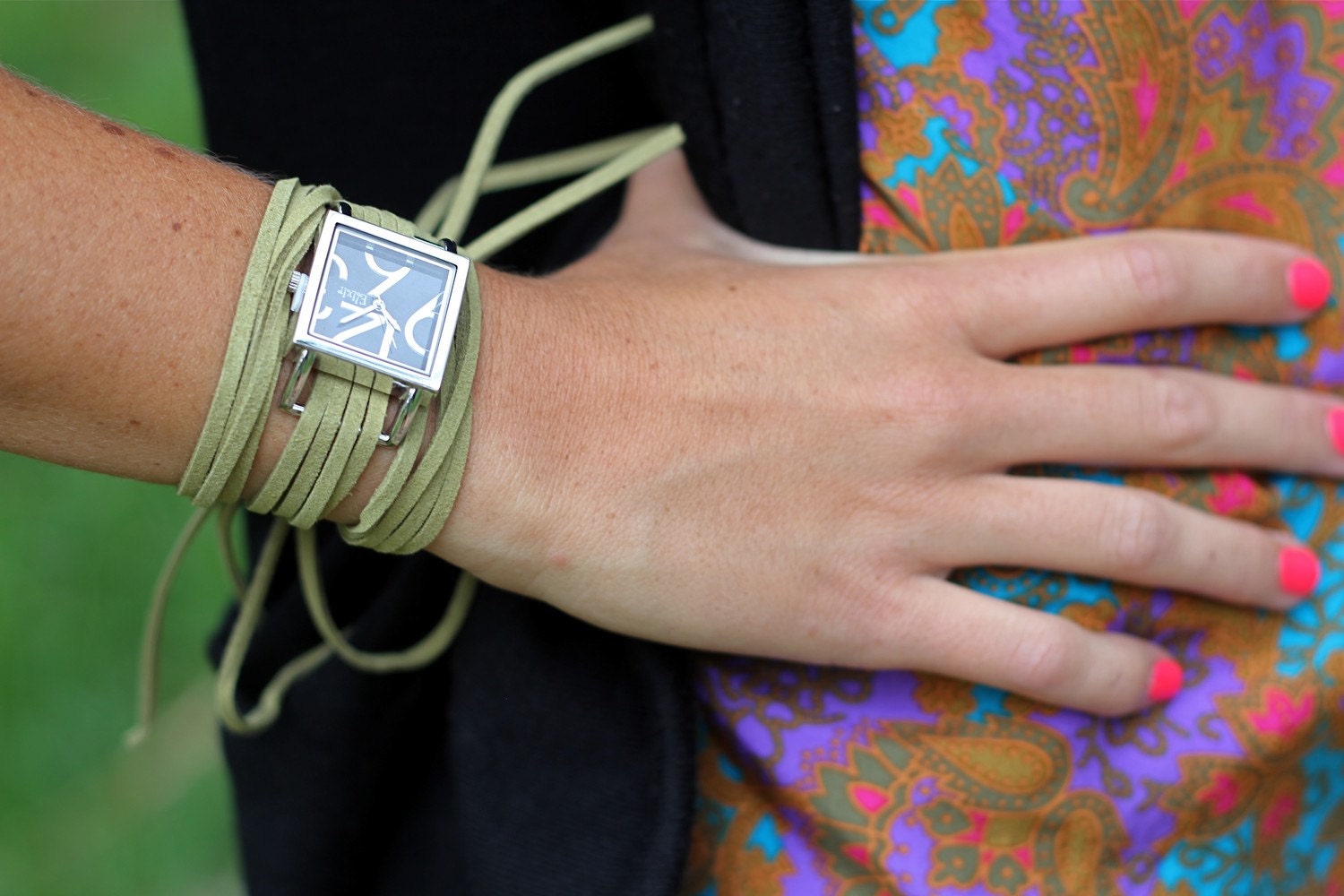 Olive Suede Bracelet Watch with Small Black Interchangeable Face