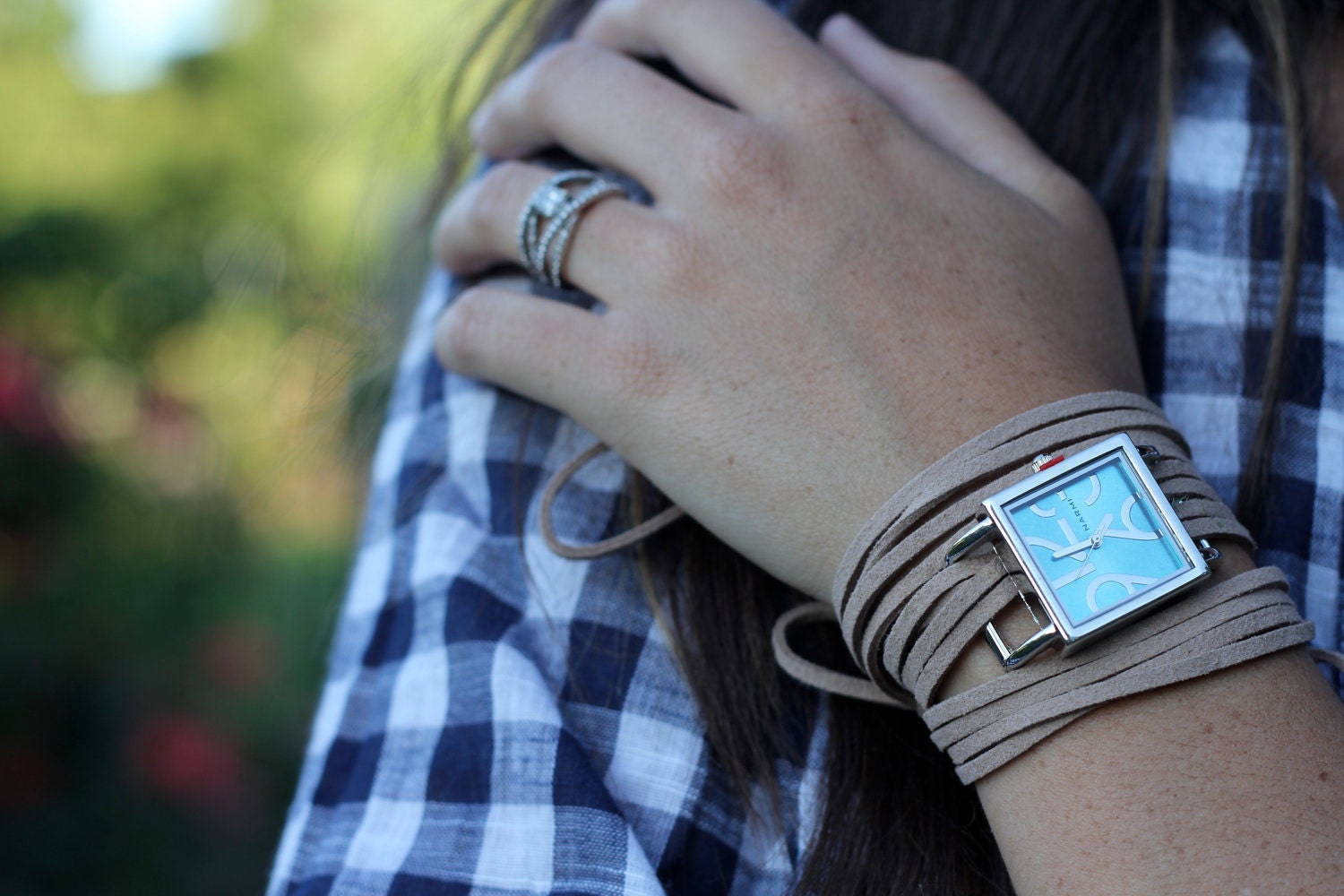 Tan Suede Bracelet Watch with Small Turquoise Interchangeable Face