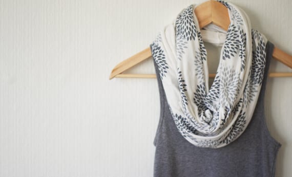 INFINITY SCARF - Screen Printed - Gray Flowers on Cream