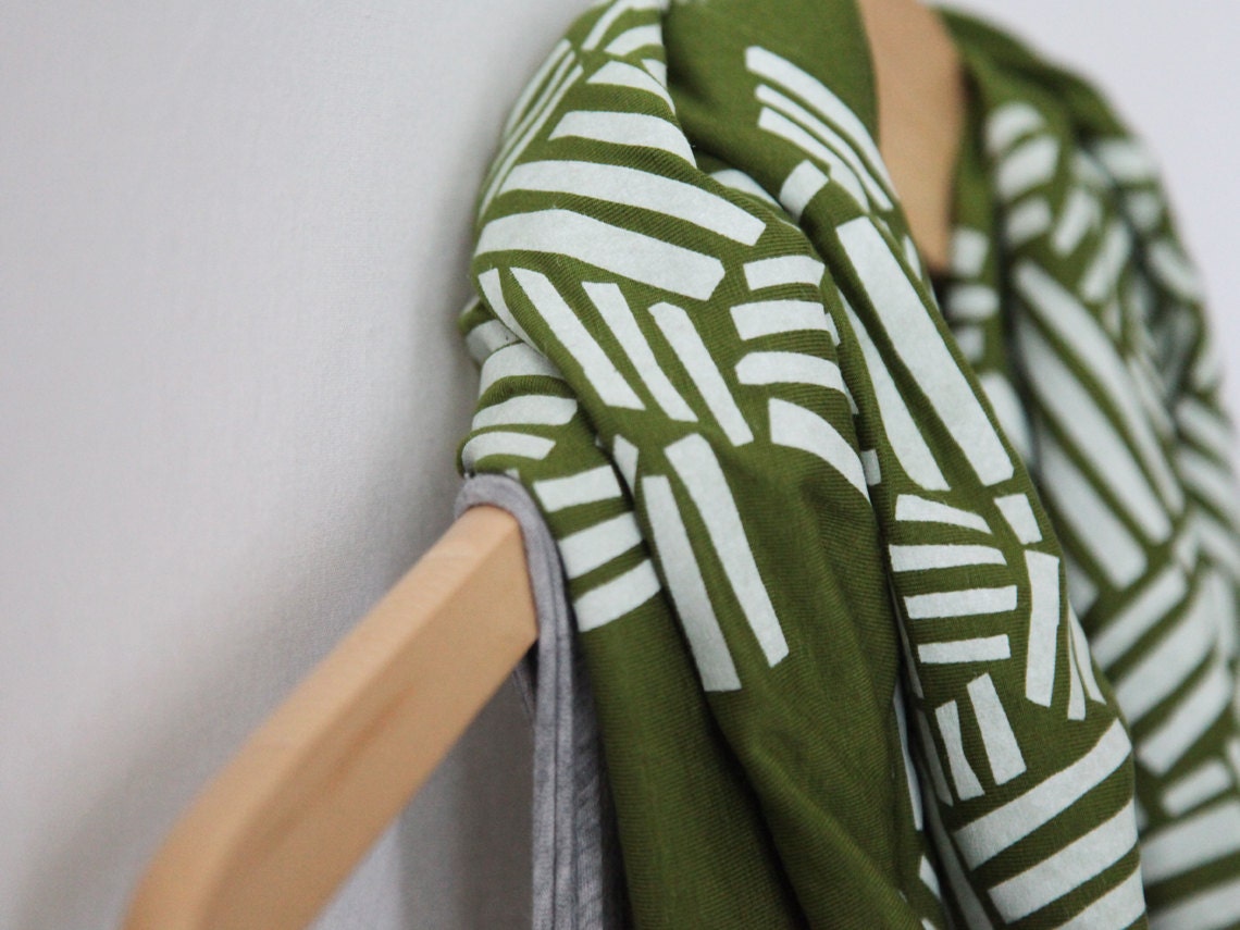 INFINITY SCARF - Screen Printed - White Crosshatch on Olive Green