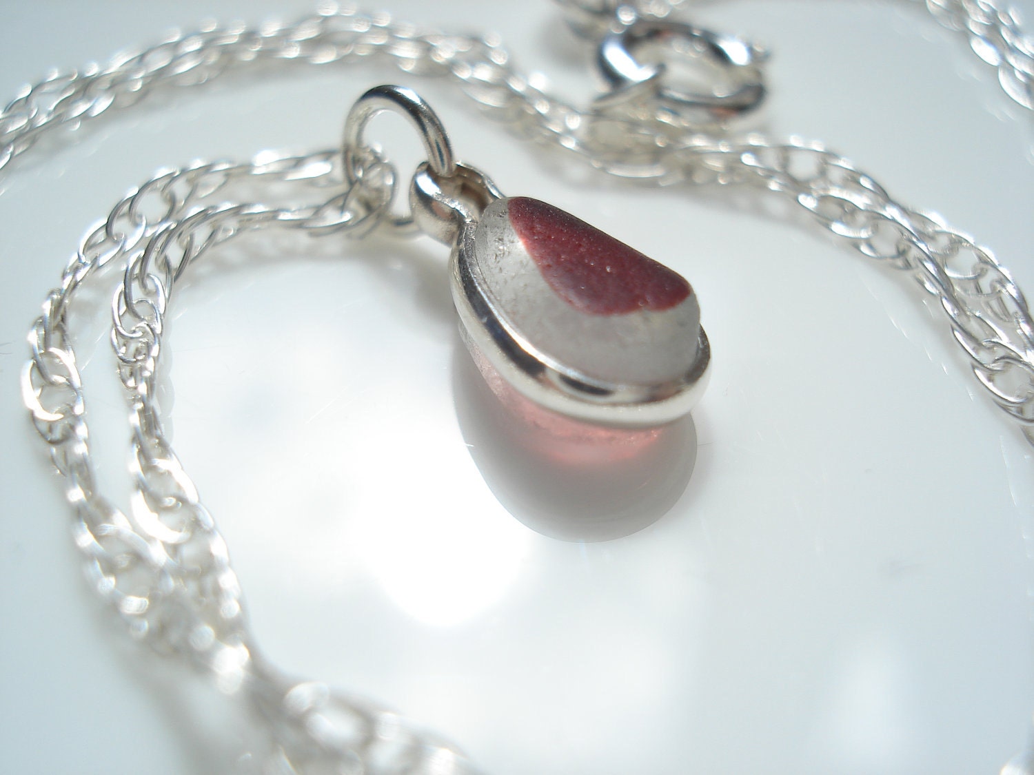 Blood Red Drop Sea Glass pendant , in a Sterling Silver setting - E0734 - from Seaham, UK