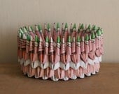 FREE SHIPPING: Origami design - Paper Bowl in pink, with green & white stripes, holiday gift - Hanukkah, Christmas
