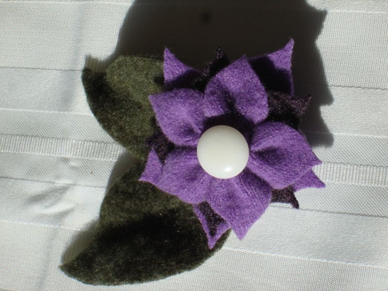 Flower Pin No.059 Felted Purple Cashmere, Plum Merino Wool, and Loden Green Cashmere with Vintage Button